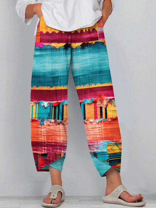 Boho Multicolor Patchwork Art Linen Blend Pants artswardrobe