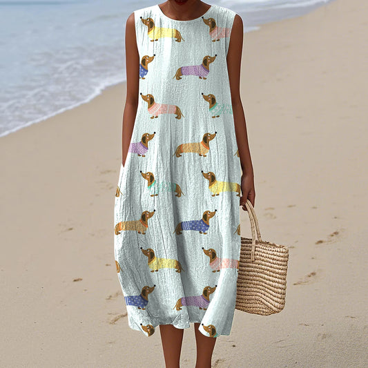 Women's  Dachshund Dog Art Print Crew Neck Tank Midi Dress artswardrobe