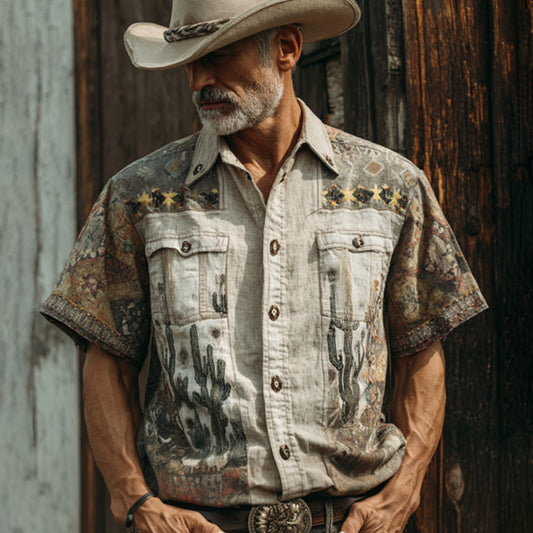 Men's Vintage Faded Denim Western-style Embroidered Printed Short Sleeve Shirt artswardrobe