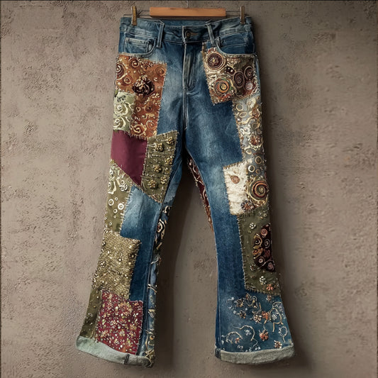 Comstylish Women's Bohemian-style Patchwork Ethnic Jeans