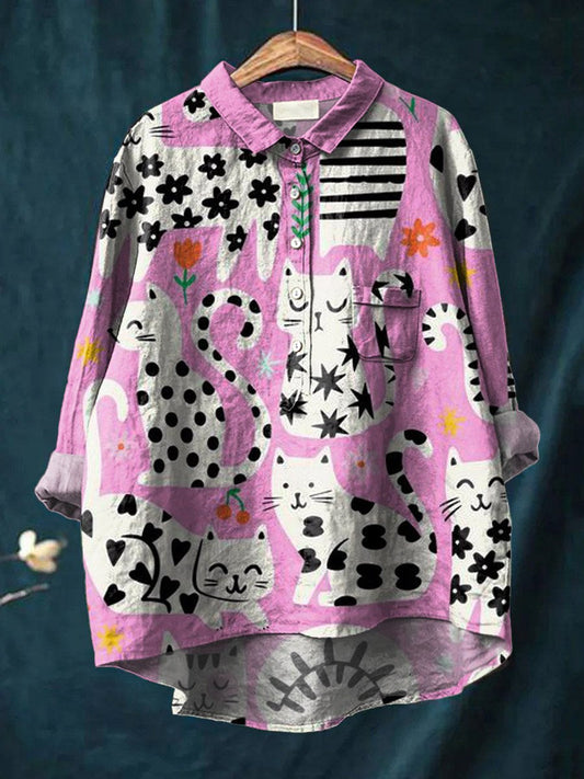 Vintage Lovely Cat Floral Art Print Casual Cotton And Linen Shirt