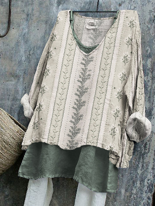 Vintage Floral & Leaves Cottage Pattern Linen Tunic artswardrobe