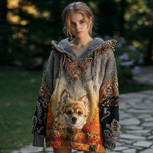 Women's Vintage Dog Embroidered Hooded Sweater artswardrobe