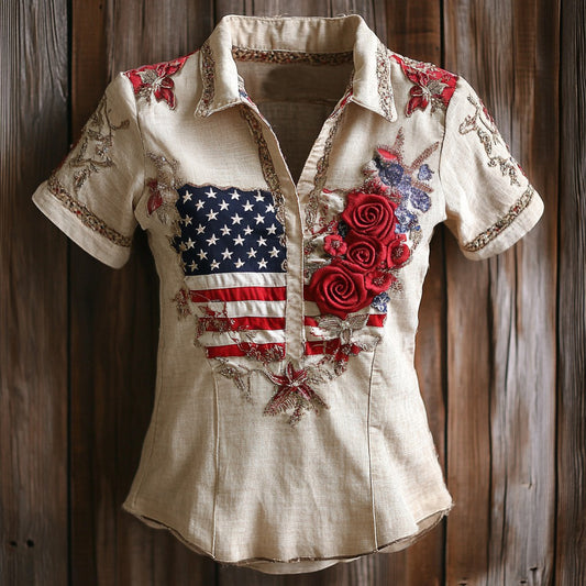 Comstylish Vintage Western Rose Independence Day Cotton And Linen Polo Shirt