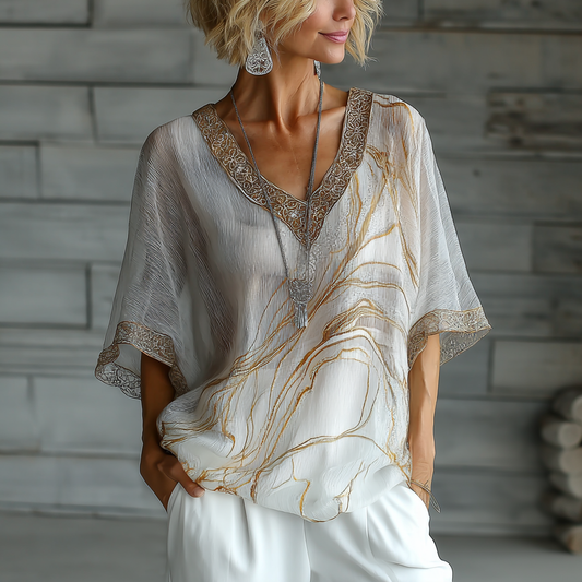 Vintage Marble Texture Collection Bohemia Style Gradient  Gilded Pattern Linen V Neck Women‘s T-shirt artswardrobe
