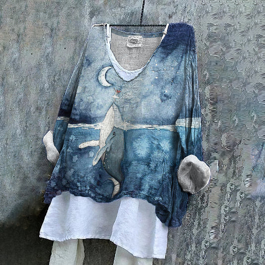 Vintage Humpback Whale Dreamy Art Pattern Linen Blend Tunic artswardrobe