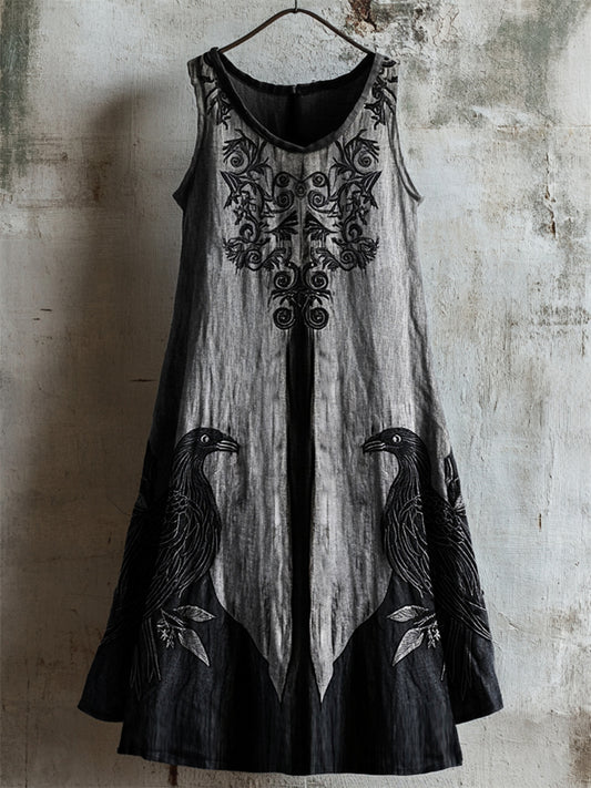 Vintage Viking Celtic Raven Contrast Linen Tank Dress artswardrobe