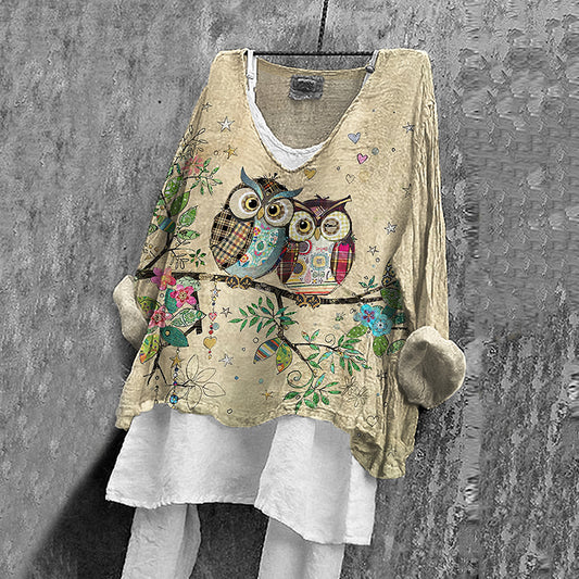 Comstylish Women's Vintage Owl And Floral Pattern Casual Shirt