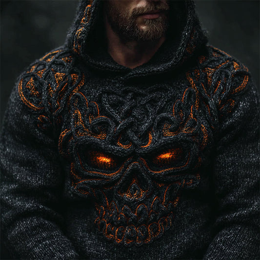 Men's Halloween Skull Celtic Knot Chunky Cozy Knit Hooded Sweater elevenforest