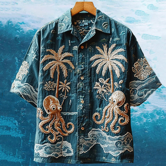 Men's Embroidered Ocean Octopus Hawaiian Summer Vacation Shirt artswardrobe
