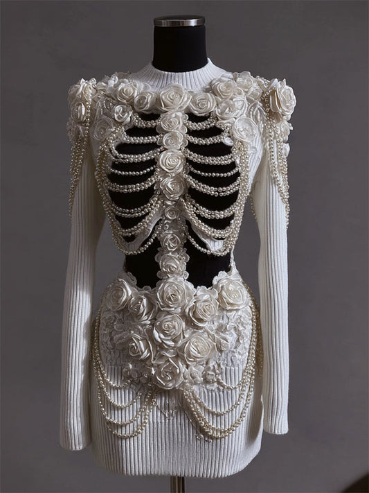 Vintage Roses Skeleton Pearls Beaded Contrast Knit Sweater Dress artswardrobe