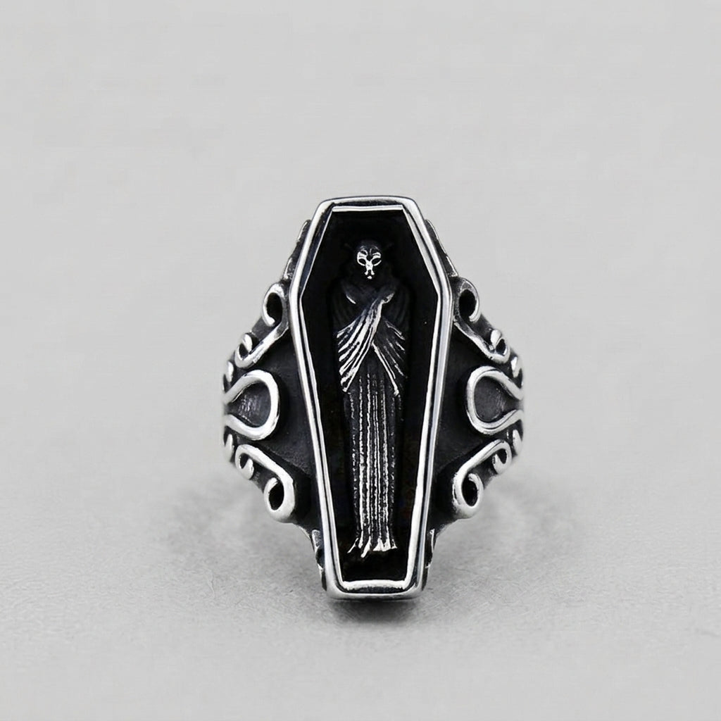 Coffin Ring with Skeleton Figure and Scroll Filigree