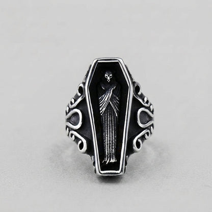 Coffin Ring with Skeleton Figure and Scroll Filigree