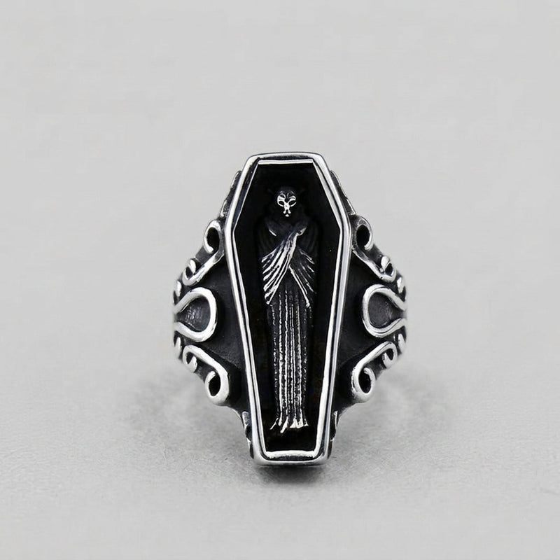 Coffin Ring with Skeleton Figure and Scroll Filigree