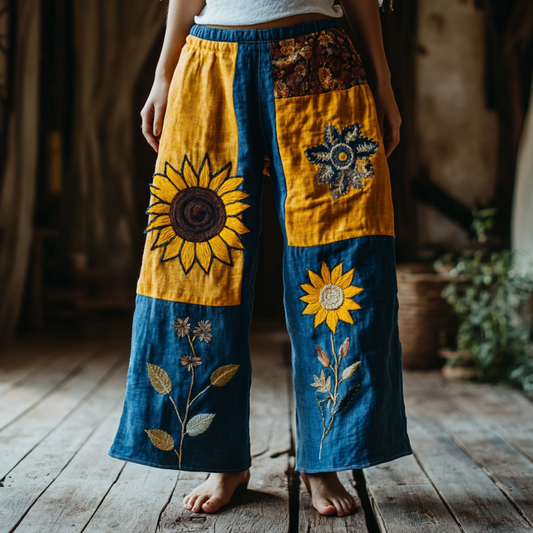Vintage Bohemian Sunflower Patchwork Art Printed Cotton Linen Wide Leg Pants artswardrobe