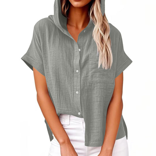 Women's Solid Color Linen Vintage Hooded Shirt artswardrobe