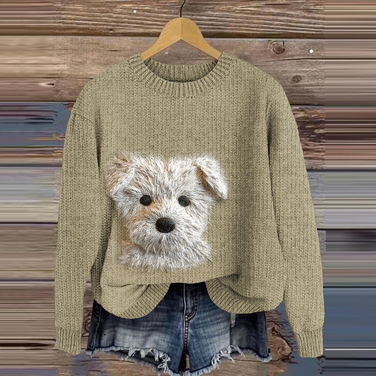 Comstylish Cute West Highland Terrier Dog Embroidery Art Cozy Sweater