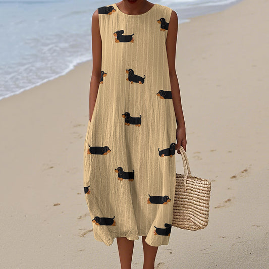 Comstylish Retro Dachshund Dog Stripe Art Linen Tank Midi Dress