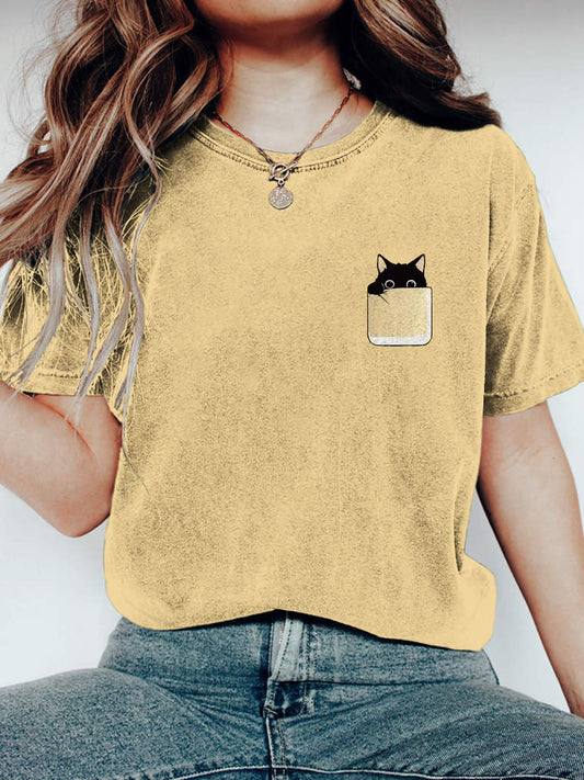 Comstylish Funny Pocket Cat Print Vintage Casual T-shirt