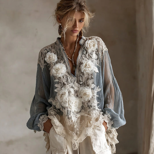 Comstylish Women's Vintage Rose Embroidery Gradient Linen V-neck Shirt