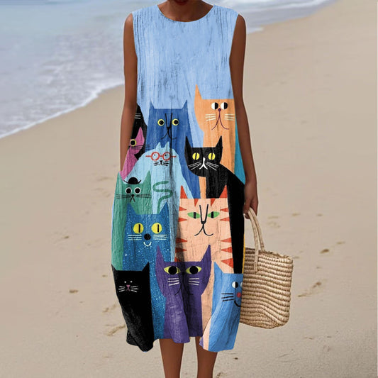 Women's Fashion Colorblock Cat Art Print Sleeveless Dress elevenforest
