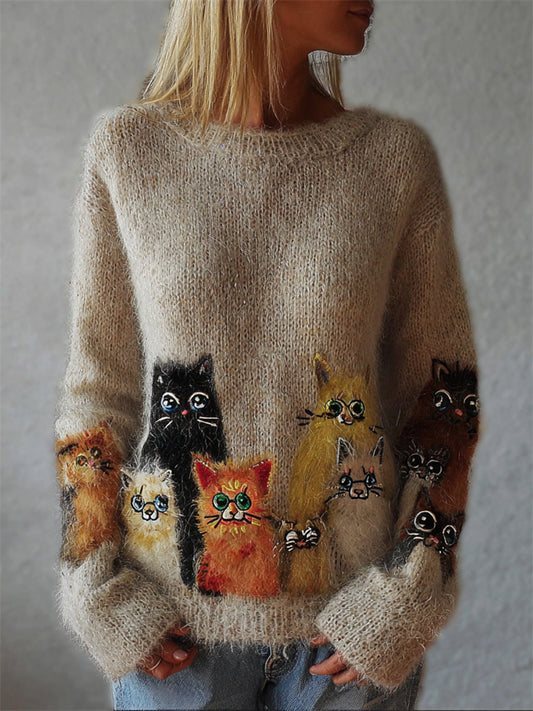 Comstylish Lovely Fuzzy Cats Cozy Knit Sweater