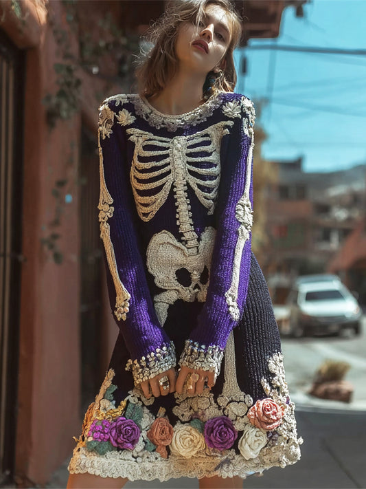 Comstylish Skeleton & Floral Embroidery Art Women's Knit Mini Dress