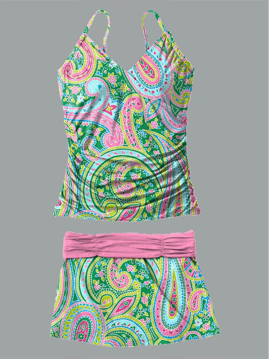 Women's Bohemian Floral Print Suspender Shirred Swimsuit Set