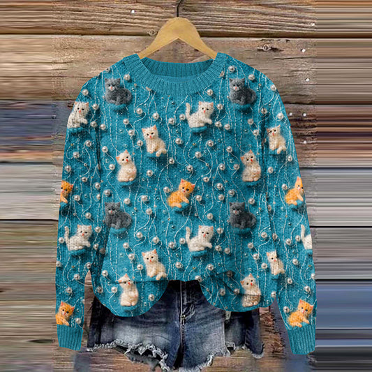 Women's Vintage Kittens Pearl Graphics Art Cozy Sweater elevenforest