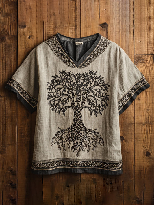 Men's Viking Life Of Tree Celtic Knot Art Linen V-neck T-shirt artswardrobe