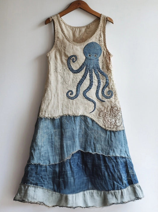 Octopus Pattern Patchwork Art Linen Blend Dress artswardrobe