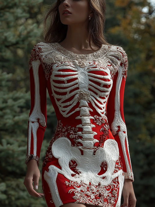 Comstylish Women's Halloween Skeleton Floral Embroidered Dress