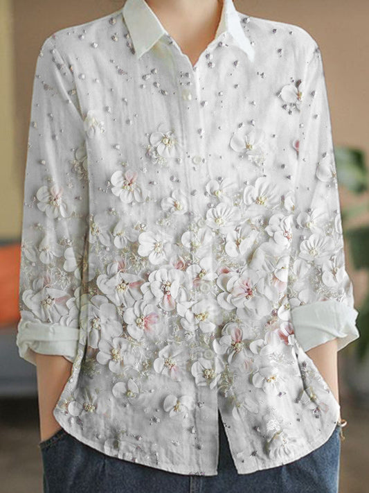 Comstylish Classic Floral Pearl Embroidery Women's Long Sleeve Shirt
