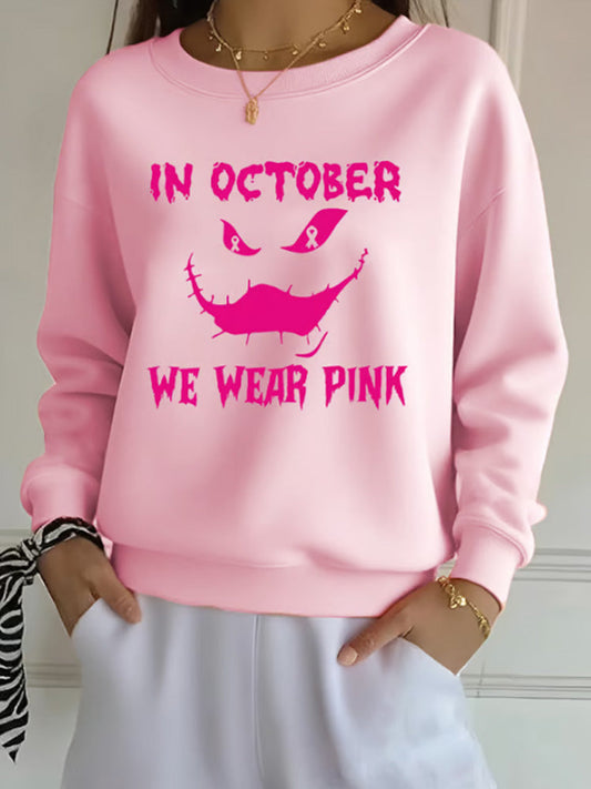 Women's In October We Wear Pink Ghost Print Crew Neck Sweatshirt elevenforest