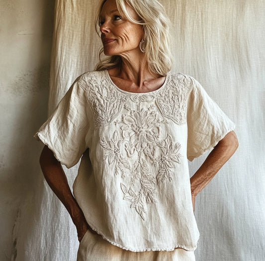 Comstylish Vintage Floral Art Cotton Linen Comfy Shirt