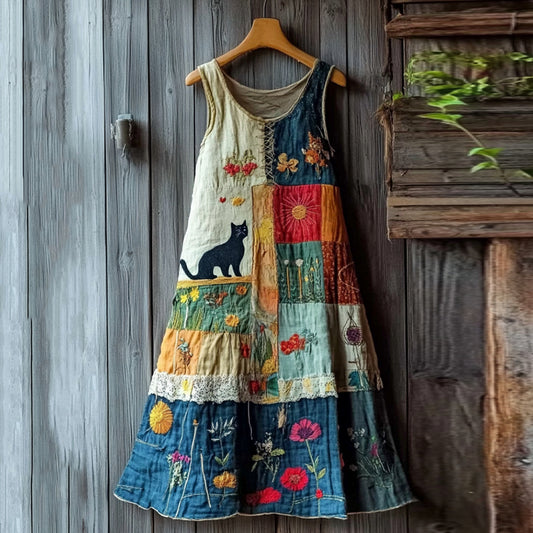 Comstylish Women's Retro Black Cat And Patch Work Art Sleeveless Dress