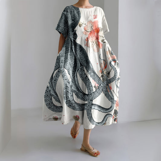 Comstylish Vintage Loose Japanese Art Octopus Floral Print Midi Dress