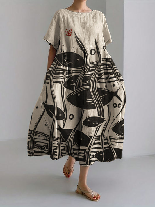 Comstylish Fish under Sea Japanese Lino Art Linen Blend Maxi Dress