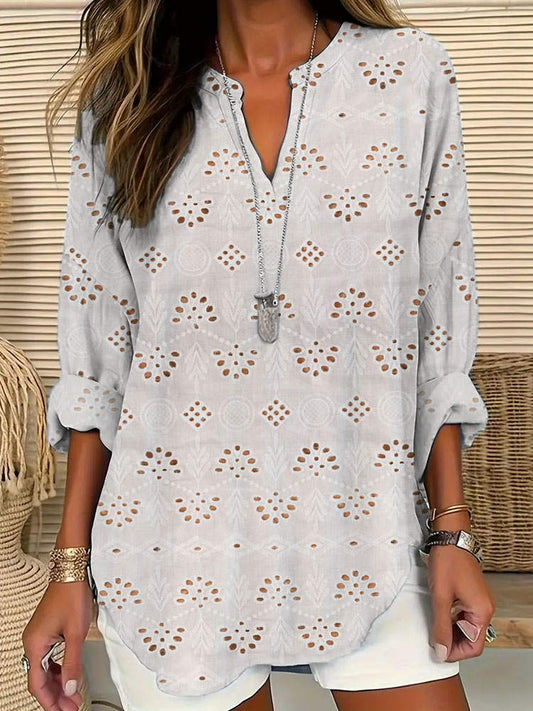 Comstylish Lace Floral Pattern Linen V-Neck Shirt