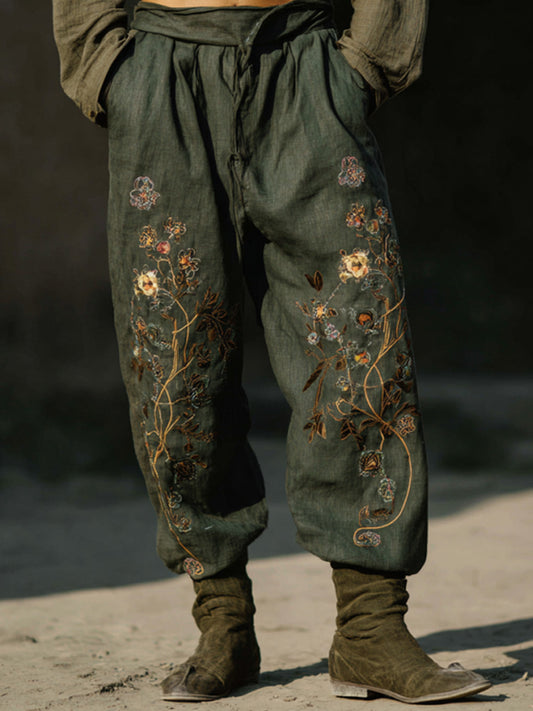 Men's Retro Bohemian Plant And Floral Embroidered Print Pants artswardrobe