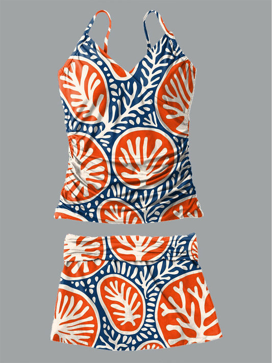 Women's V-Neck Floral Art Print Suspender Skirt Tankini Pantskirt Set Swimsuit
