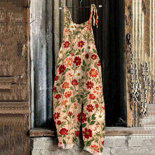 Women's Bohemian Style Lovely Flowers Art Linen Print Cotton Linen Jumpsuit artswardrobe