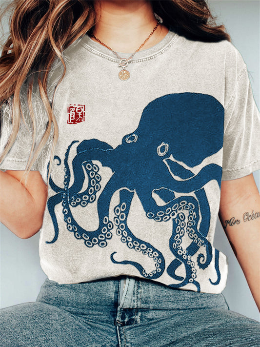 Comstylish Octopus Japanese Lino Art Vintage T Shirt