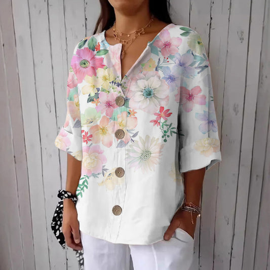 Comstylish Women's Flower Print Button Down Casual Shirt