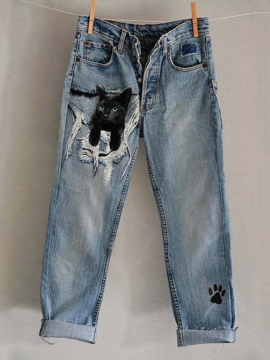 Comstylish Black Cat Frayed Crack Paw Print Embroidered Washed Jeans