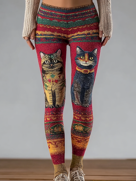 Comstylish Retro Cat Pattern Women's Knitted Tight-fitting Leggings