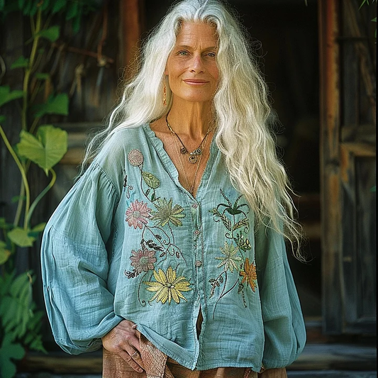 Vintage Bohemian Style Linen Floral Art Print Long Sleeve Loose  Shirt artswardrobe