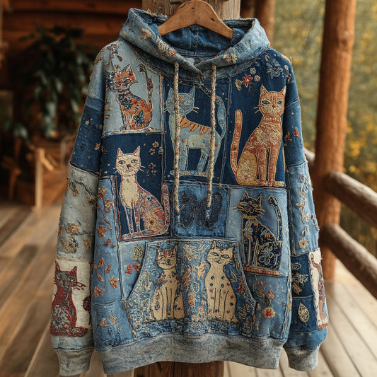 Comstylish Denim Patchwork Cat Bohemian Floral Print Hoodie