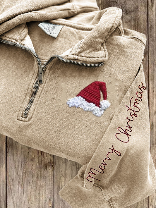 Comstylish Merry Christmas Santa Hat Embroidered Zip Up Sweatshirt