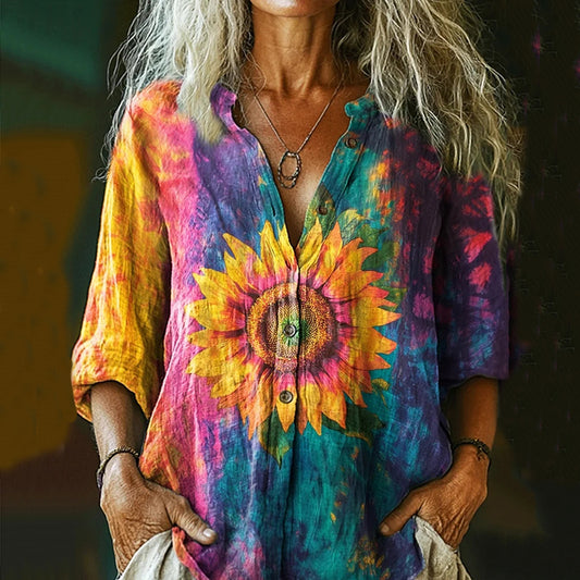 Comstylish Women's Colorful Tie-dye Sunflower Art Print Casual Linen Shirt